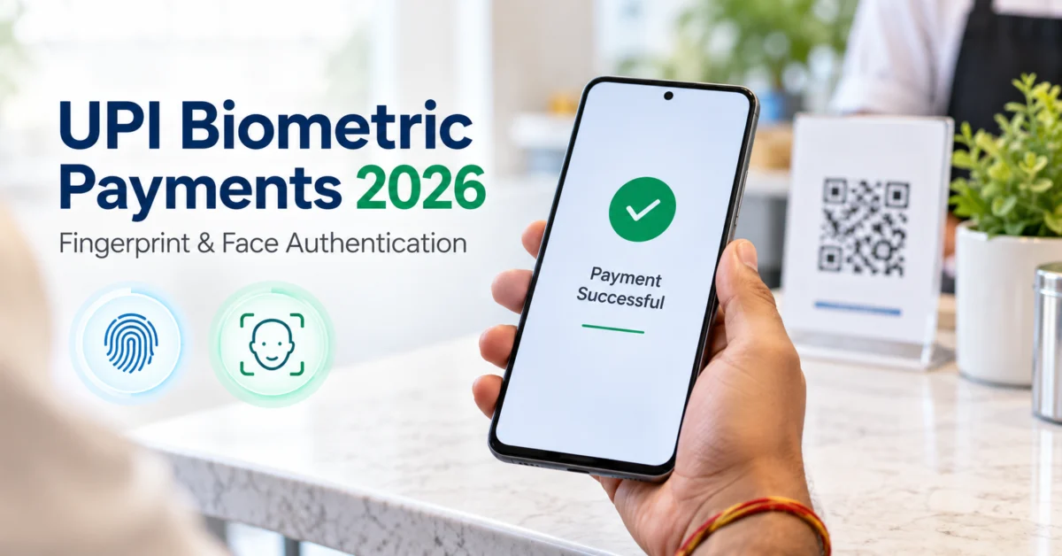 Smartphone showing a secure UPI biometric payment concept using fingerprint and face authentication in India.